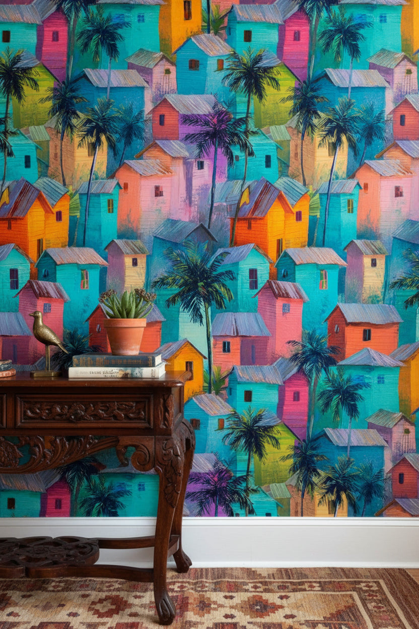 Vibrant Teal Tropical Village Wallpaper