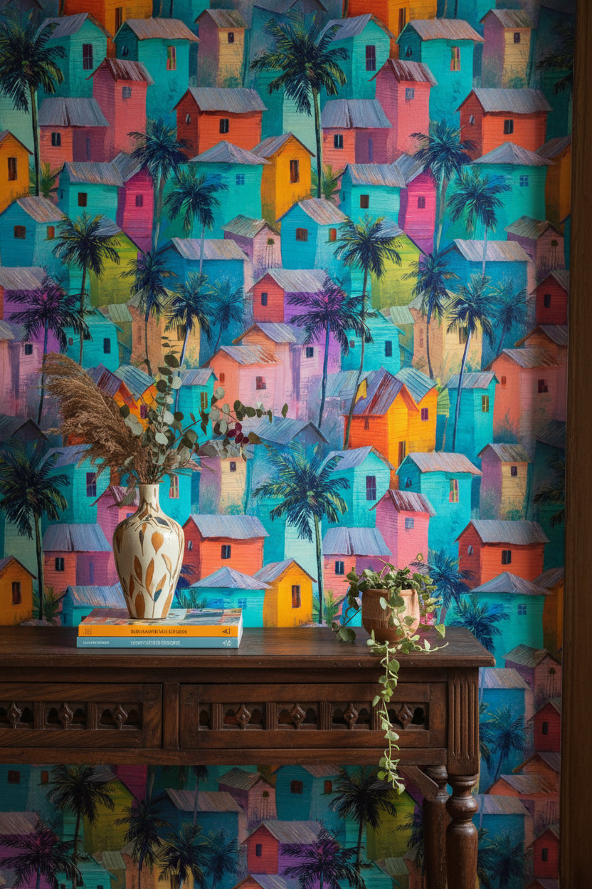 Vibrant Teal Tropical Village Wallpaper