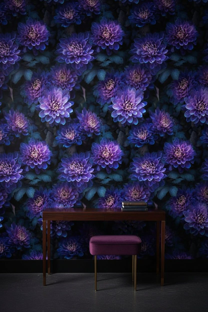 Deep Black and Purple Dahlia Floral Wallpaper