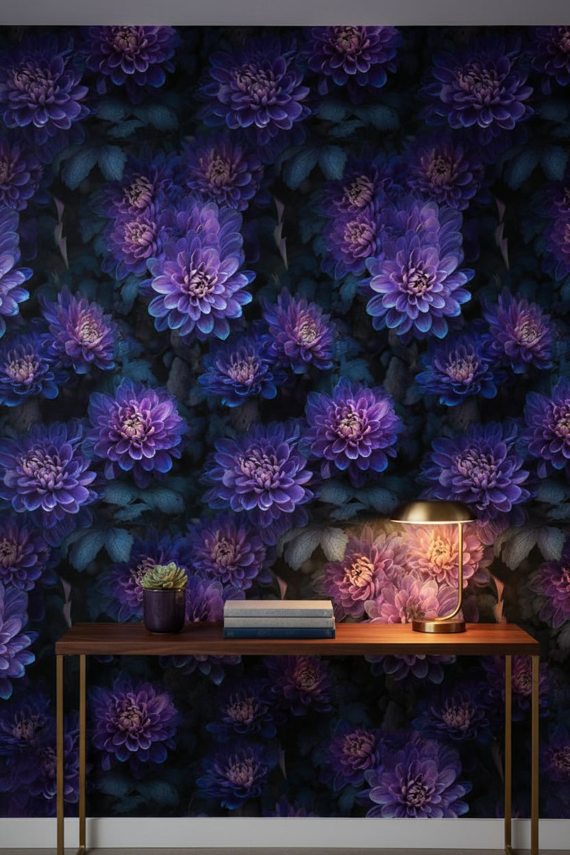 Deep Black and Purple Dahlia Floral Wallpaper