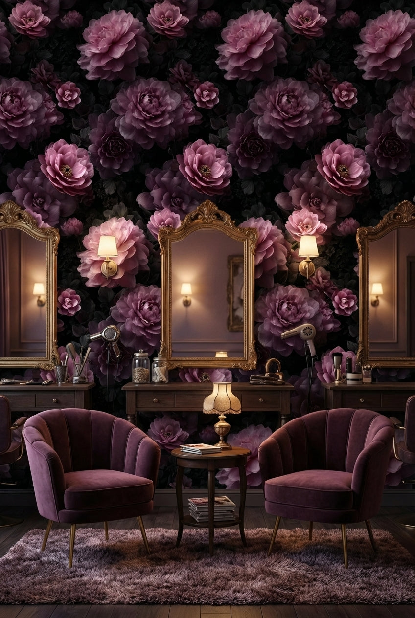 Dark Charcoal Luxe Pink Rose Floral Wallpaper