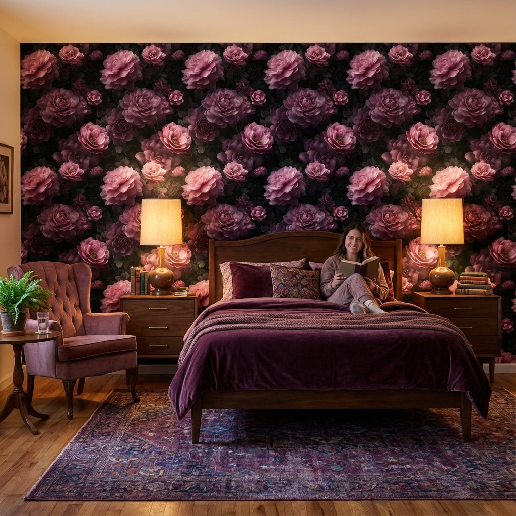 Dark Charcoal Luxe Pink Rose Floral Wallpaper