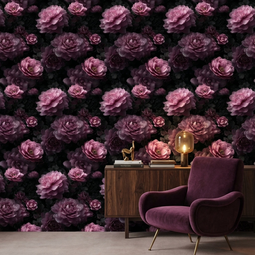 Dark Charcoal Luxe Pink Rose Floral Wallpaper