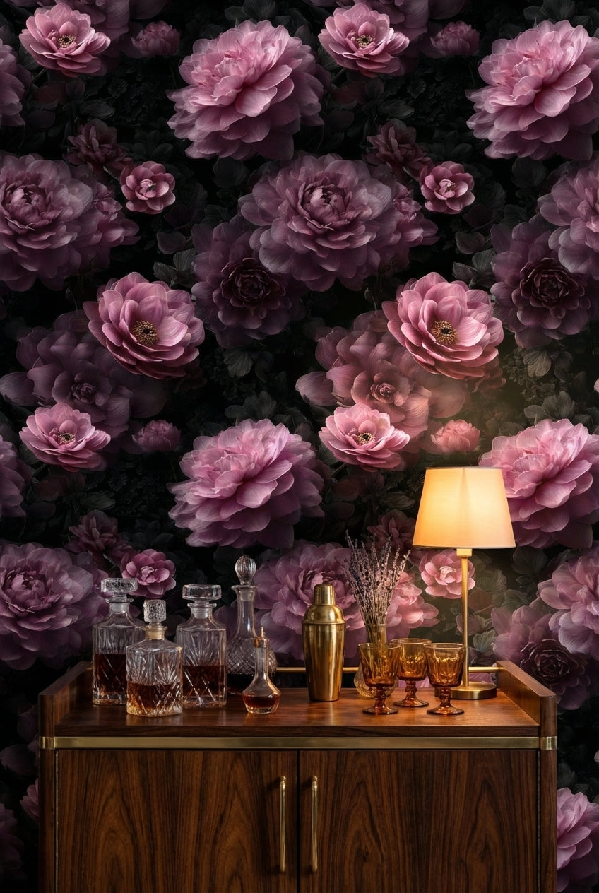 Dark Charcoal Luxe Pink Rose Floral Wallpaper