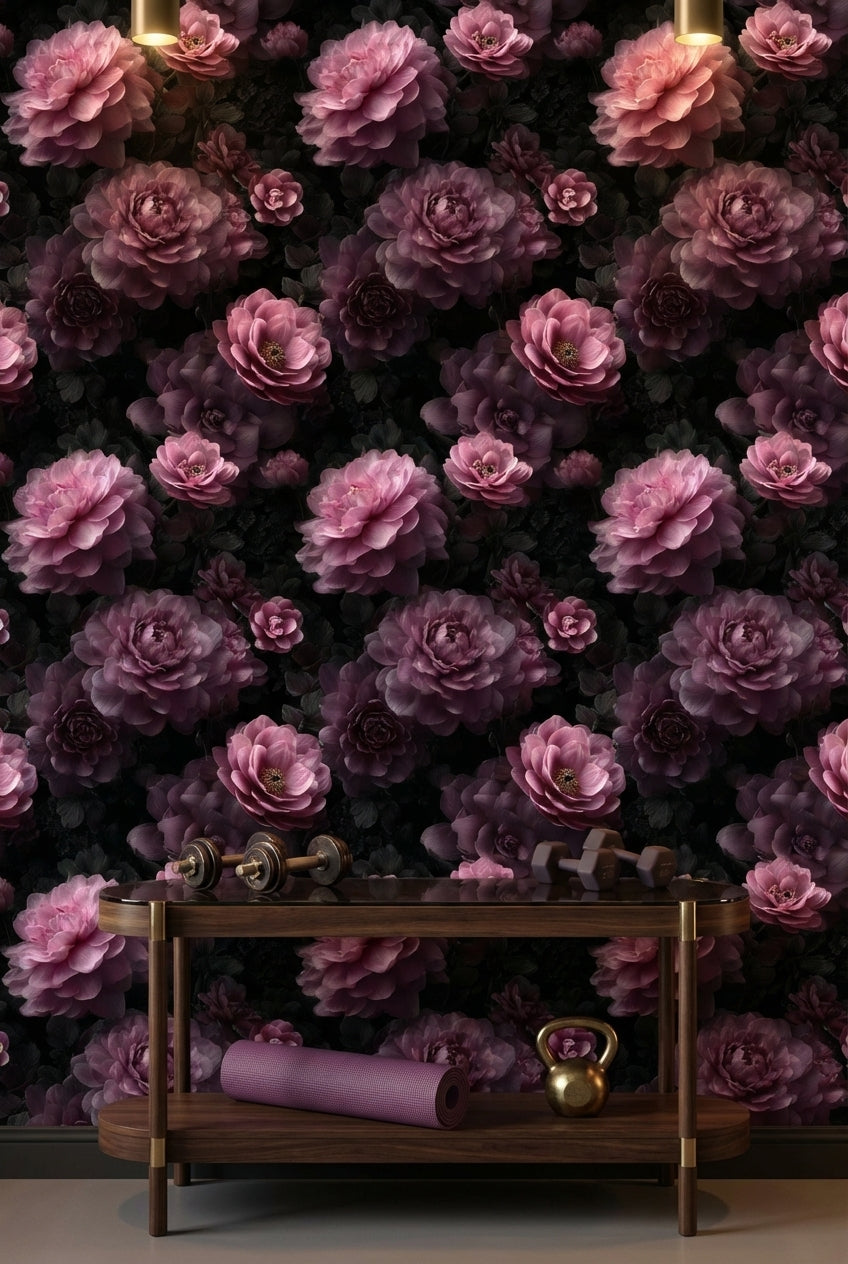 Dark Charcoal Luxe Pink Rose Floral Wallpaper