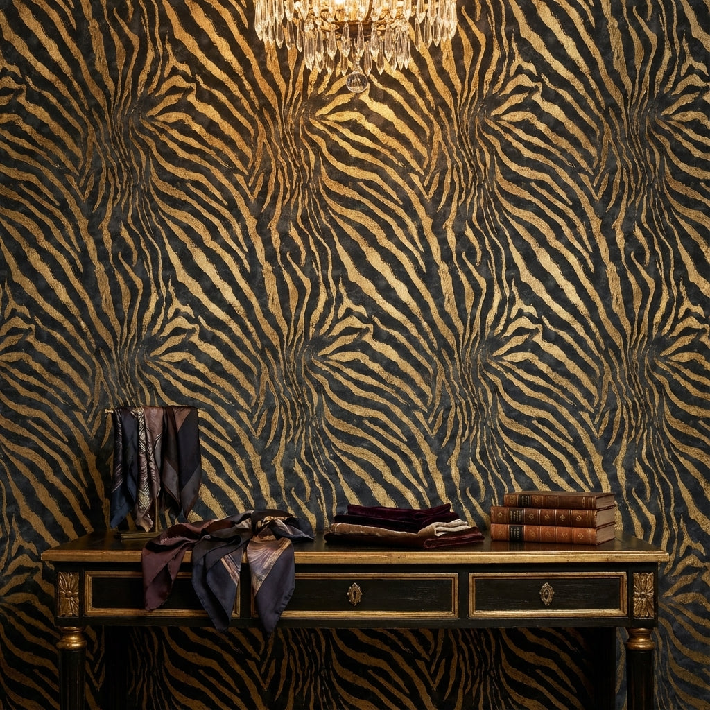 Luxurious Black and Gold Look Zebra Stripe Wallpaper