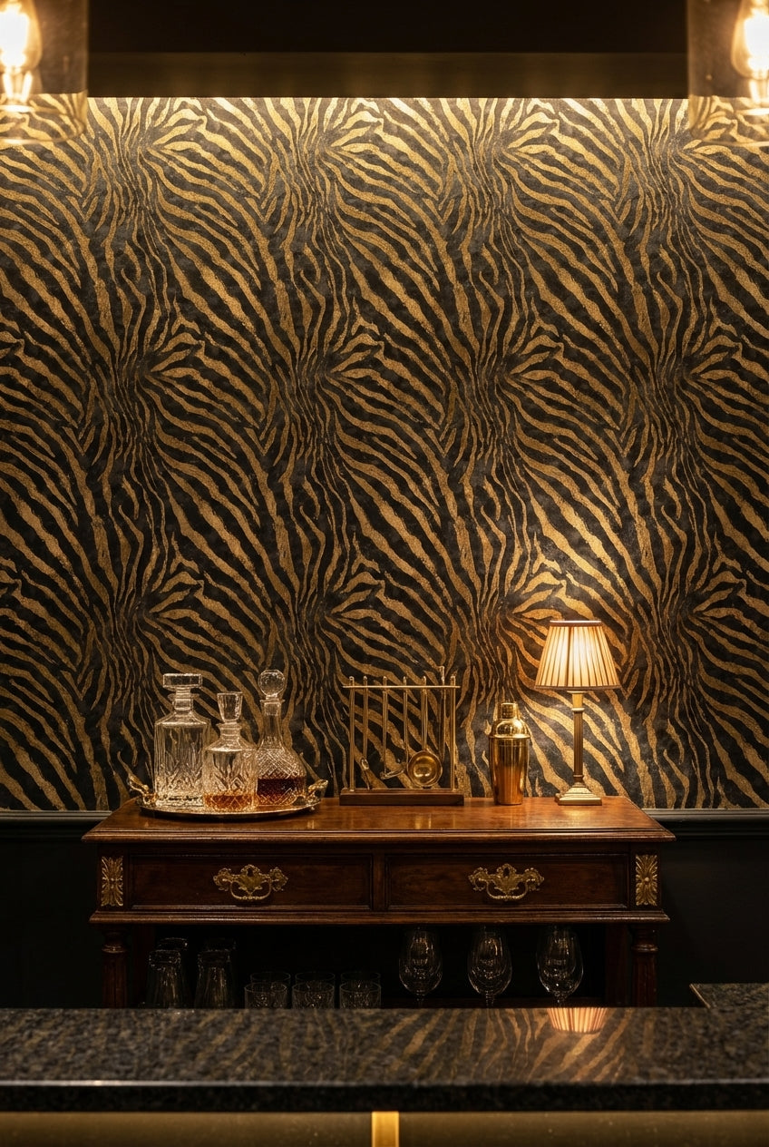 Luxurious Black and Gold Look Zebra Stripe Wallpaper