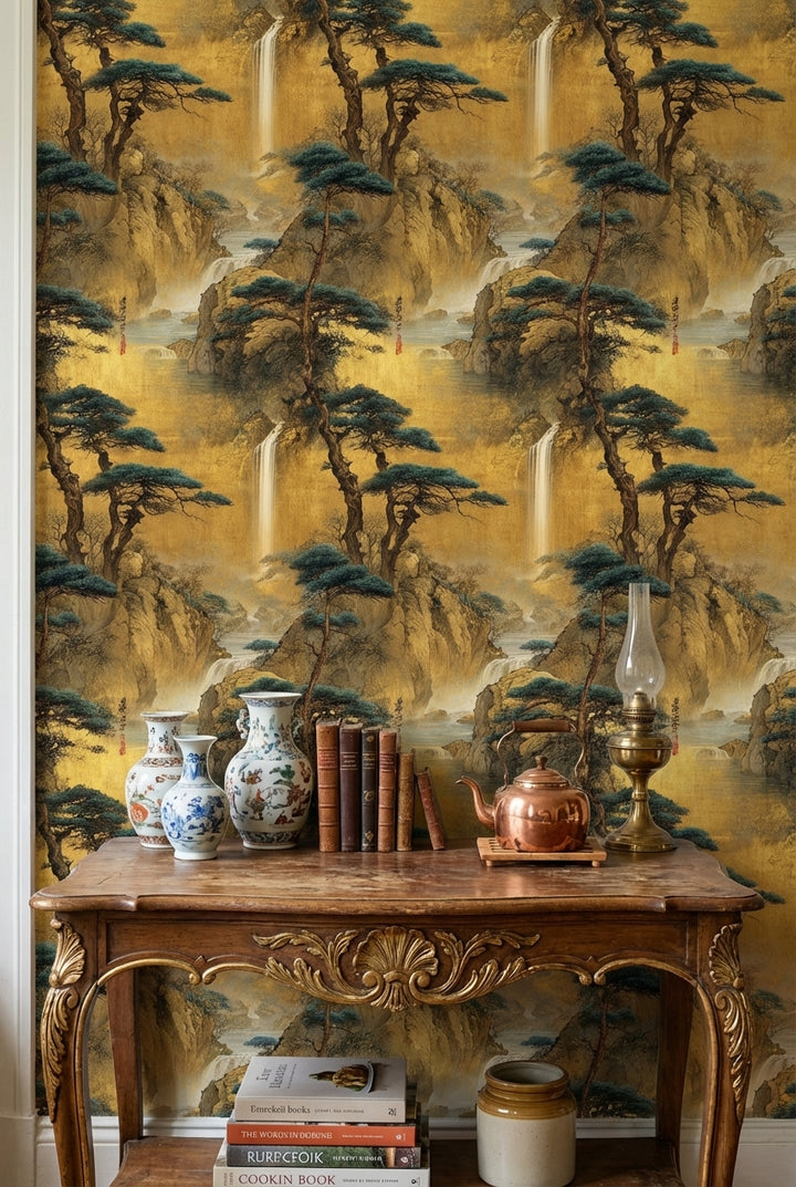 Vintage Gold Look Oriental Landscape Wallpaper