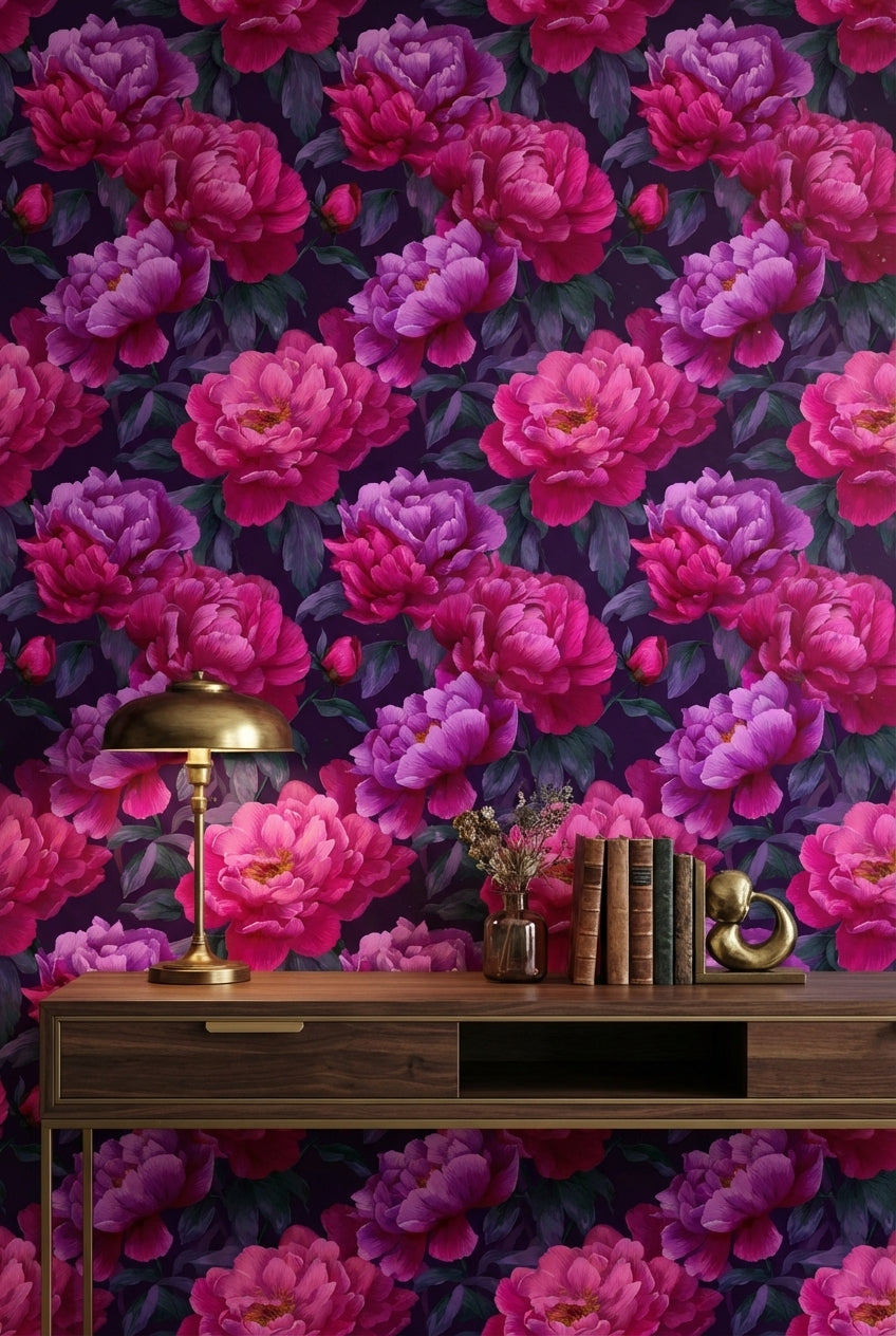 Dark Plum and Pink Peony Floral Wallpaper