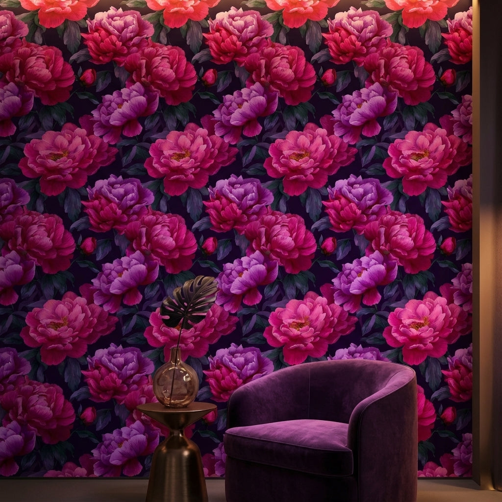 Dark Plum and Pink Peony Floral Wallpaper