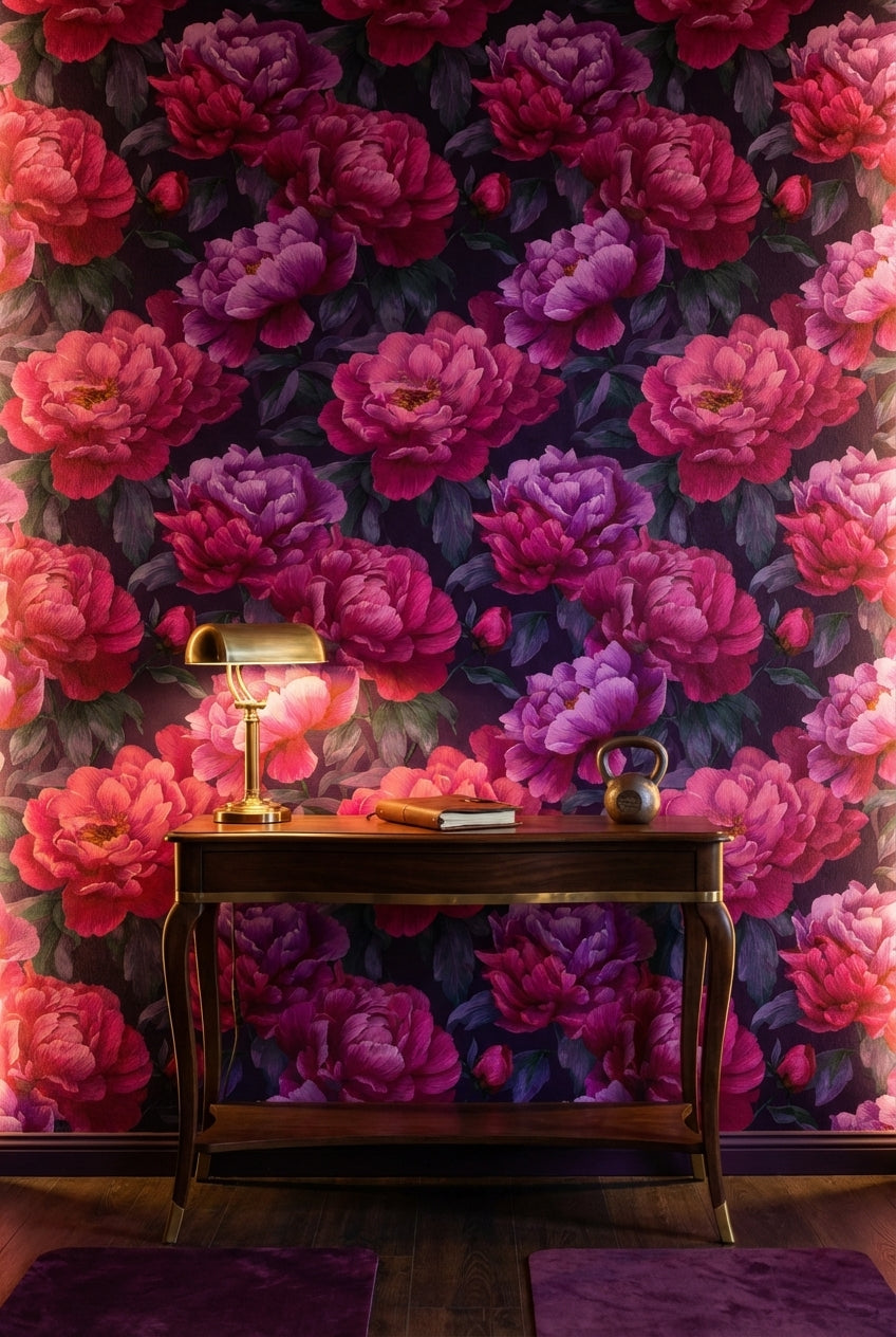 Dark Plum and Pink Peony Floral Wallpaper