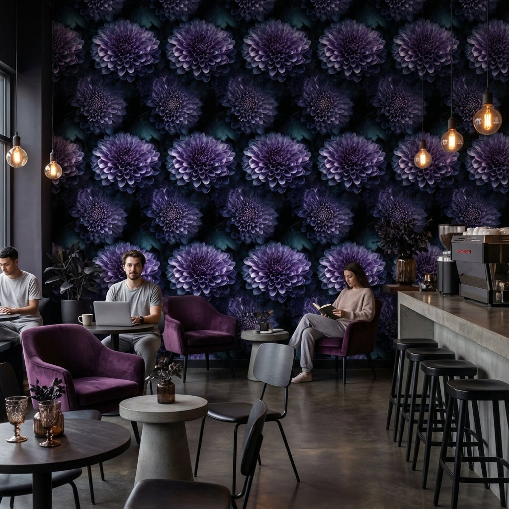 Dark Violet Large Floral Pattern Wallpaper