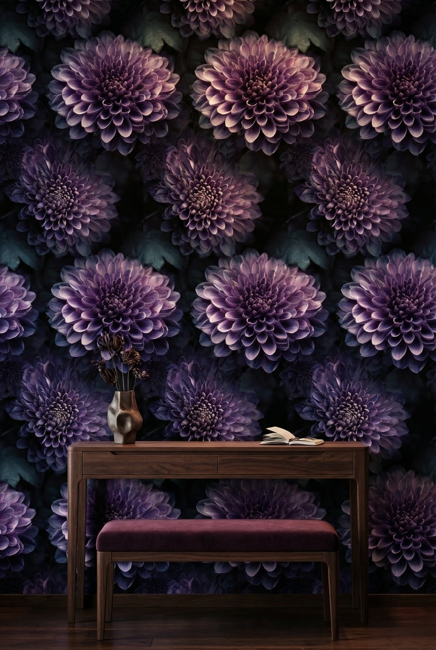 Dark Violet Large Floral Pattern Wallpaper