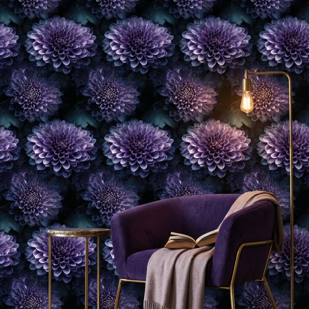 Dark Violet Large Floral Pattern Wallpaper