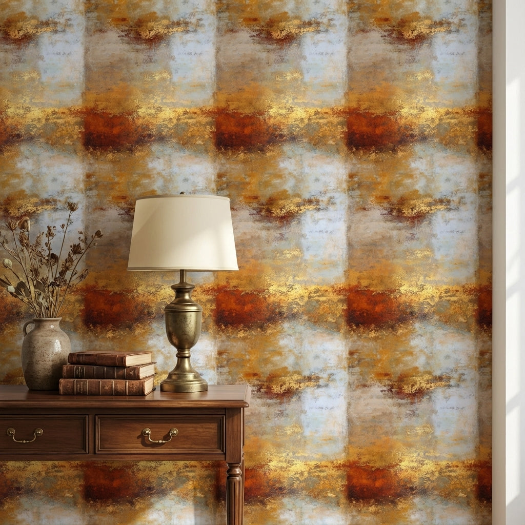 Warm Gold Look and Gray Abstract Textured Wallpaper