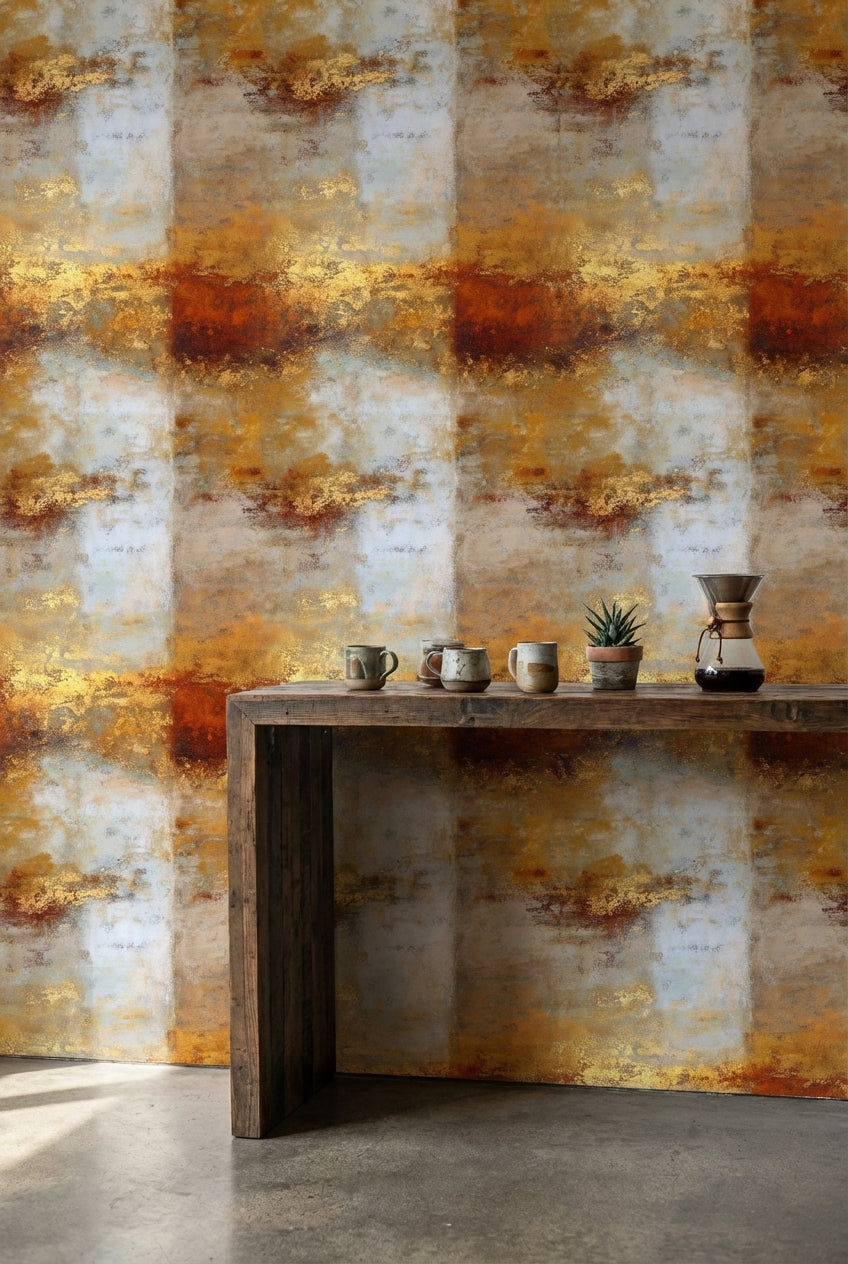 Warm Gold Look and Gray Abstract Textured Wallpaper