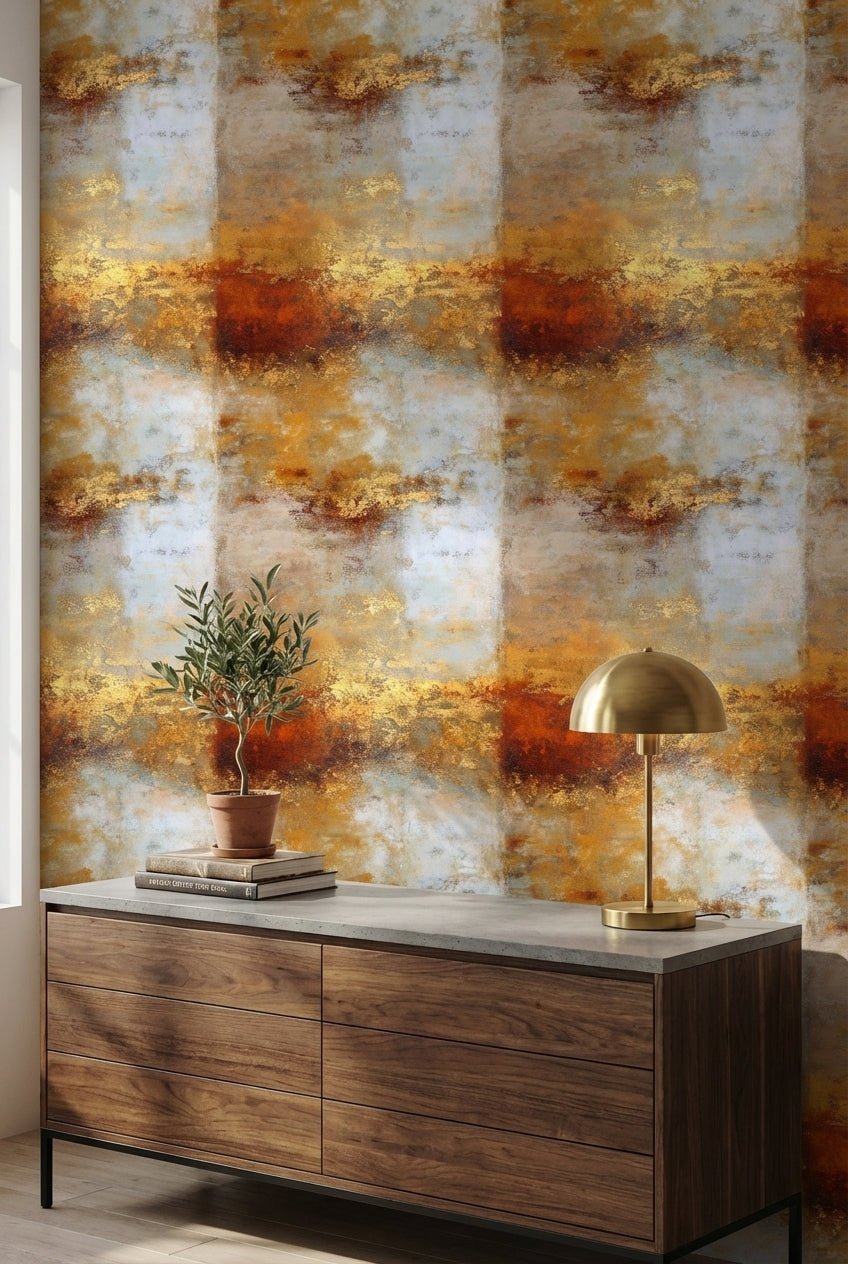 Warm Gold Look and Gray Abstract Textured Wallpaper