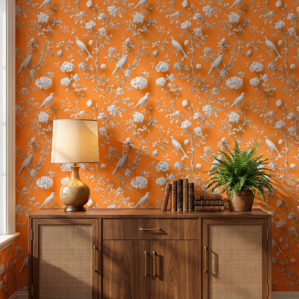 Vibrant Orange Peony and Bird Pattern Wallpaper
