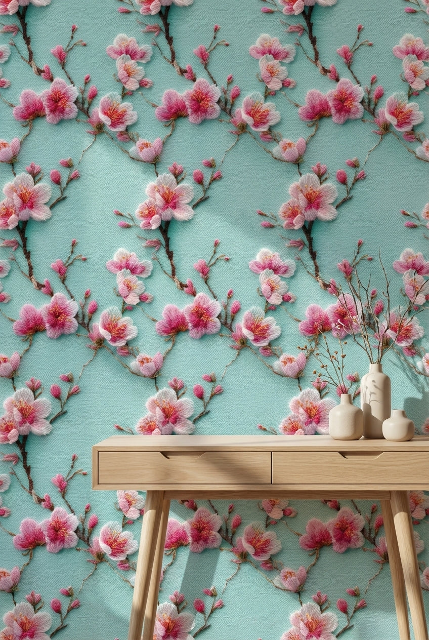 Turquoise Cherry Blossom Floral Wallpaper