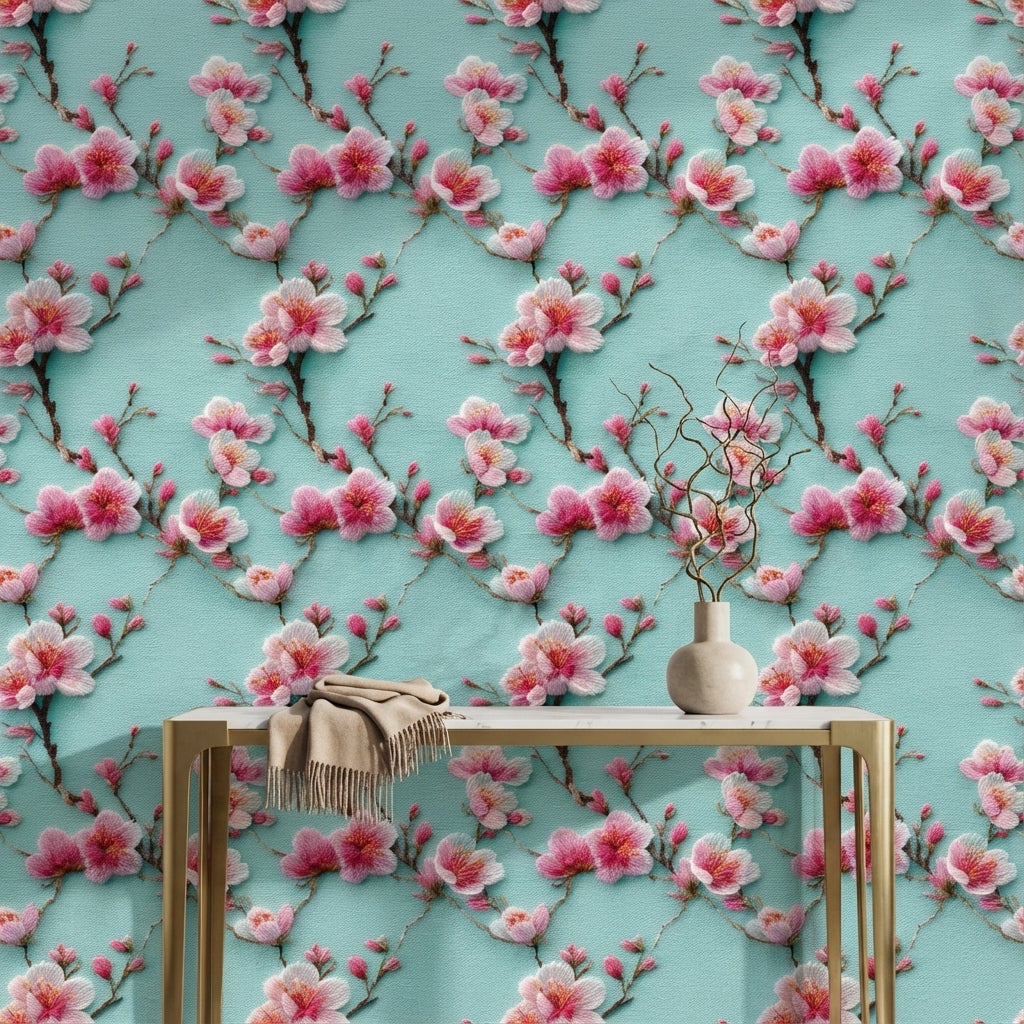 Turquoise Cherry Blossom Floral Wallpaper