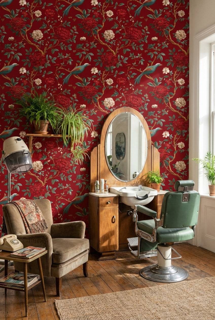 Rich Scarlet Red Floral and Bird Chinoiserie Wallpaper