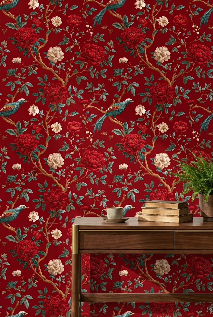 Rich Scarlet Red Floral and Bird Chinoiserie Wallpaper