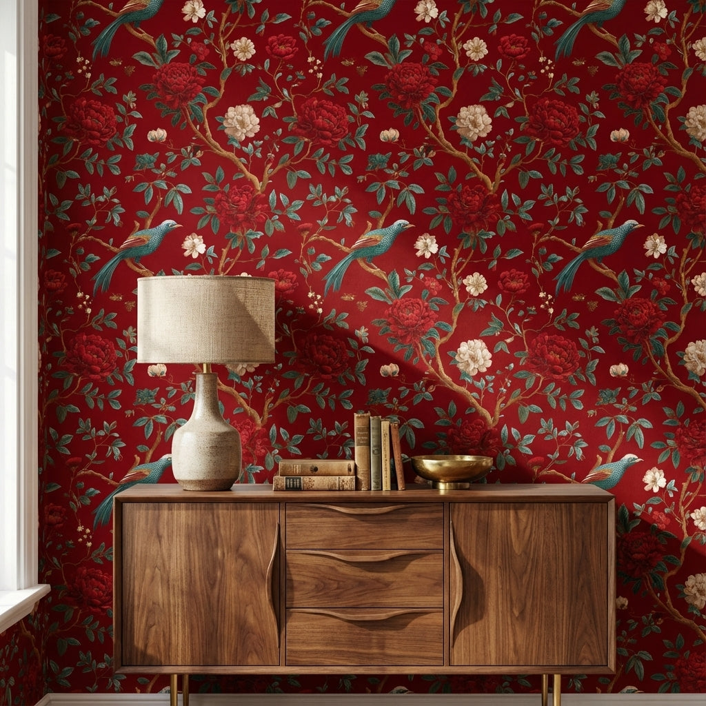 Rich Scarlet Red Floral and Bird Chinoiserie Wallpaper