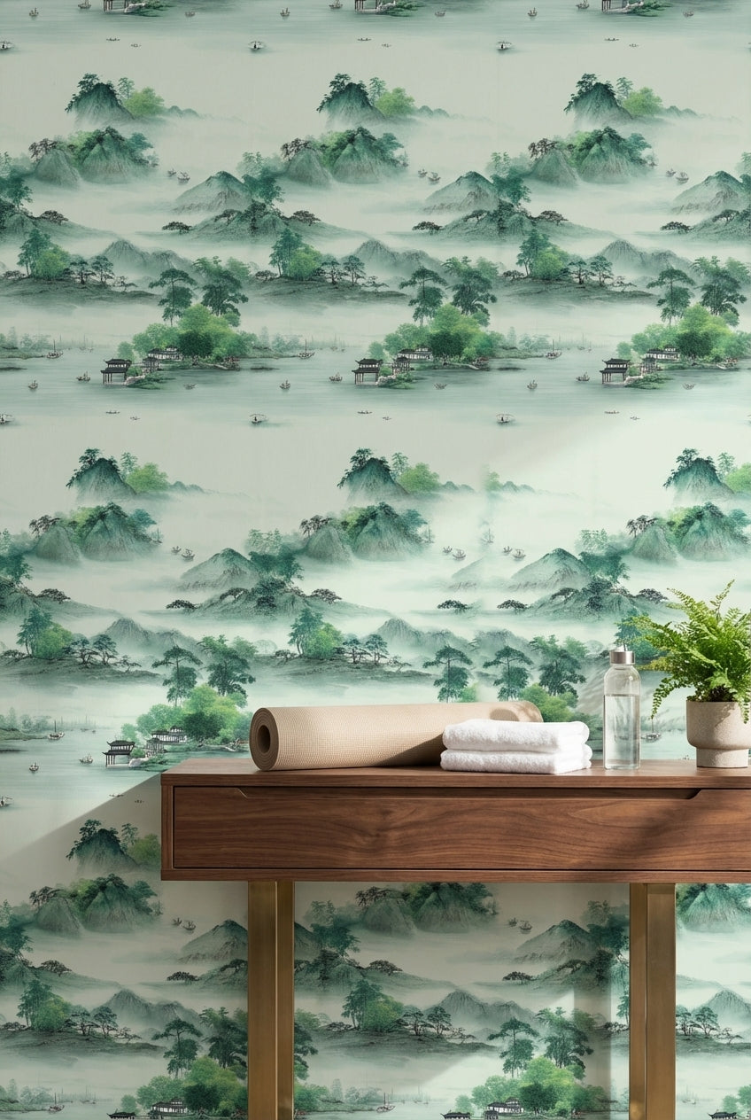 Serene Green Japanese Mountain Landscape Wallpaper