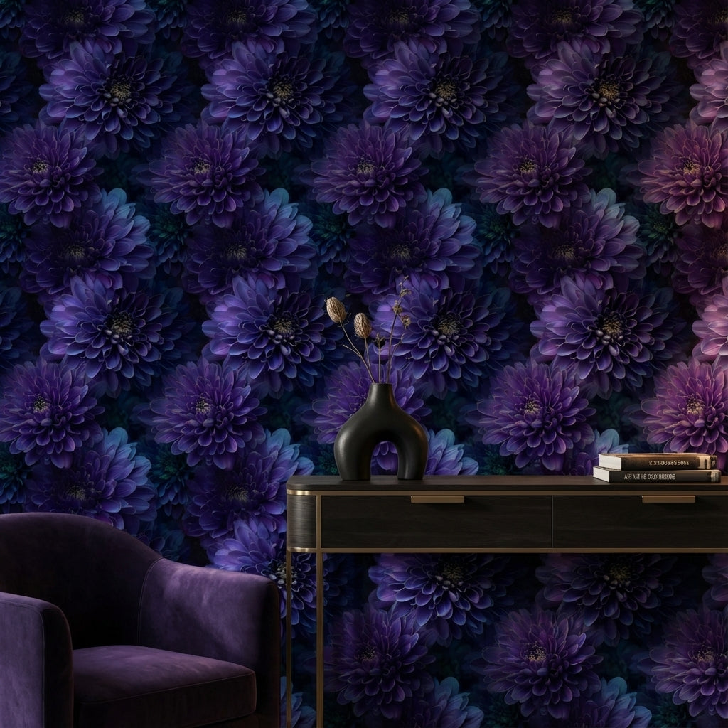 Deep Plum Purple Dahlia Floral Wallpaper