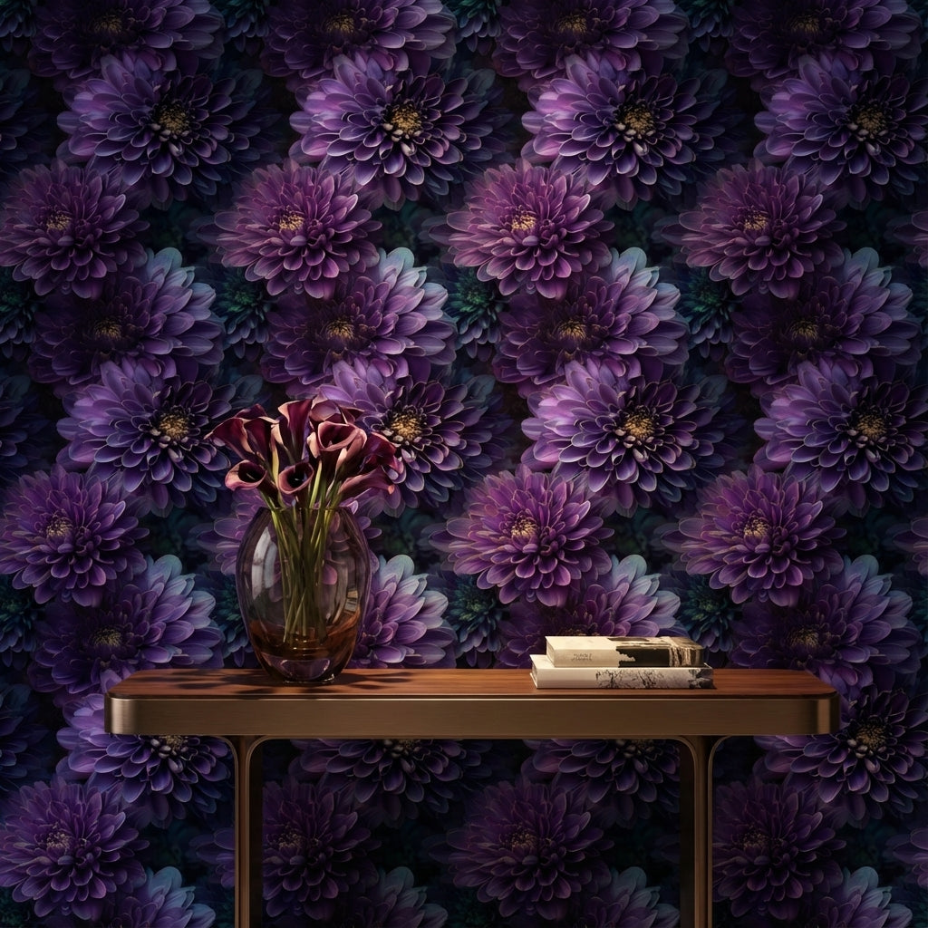 Deep Plum Purple Dahlia Floral Wallpaper