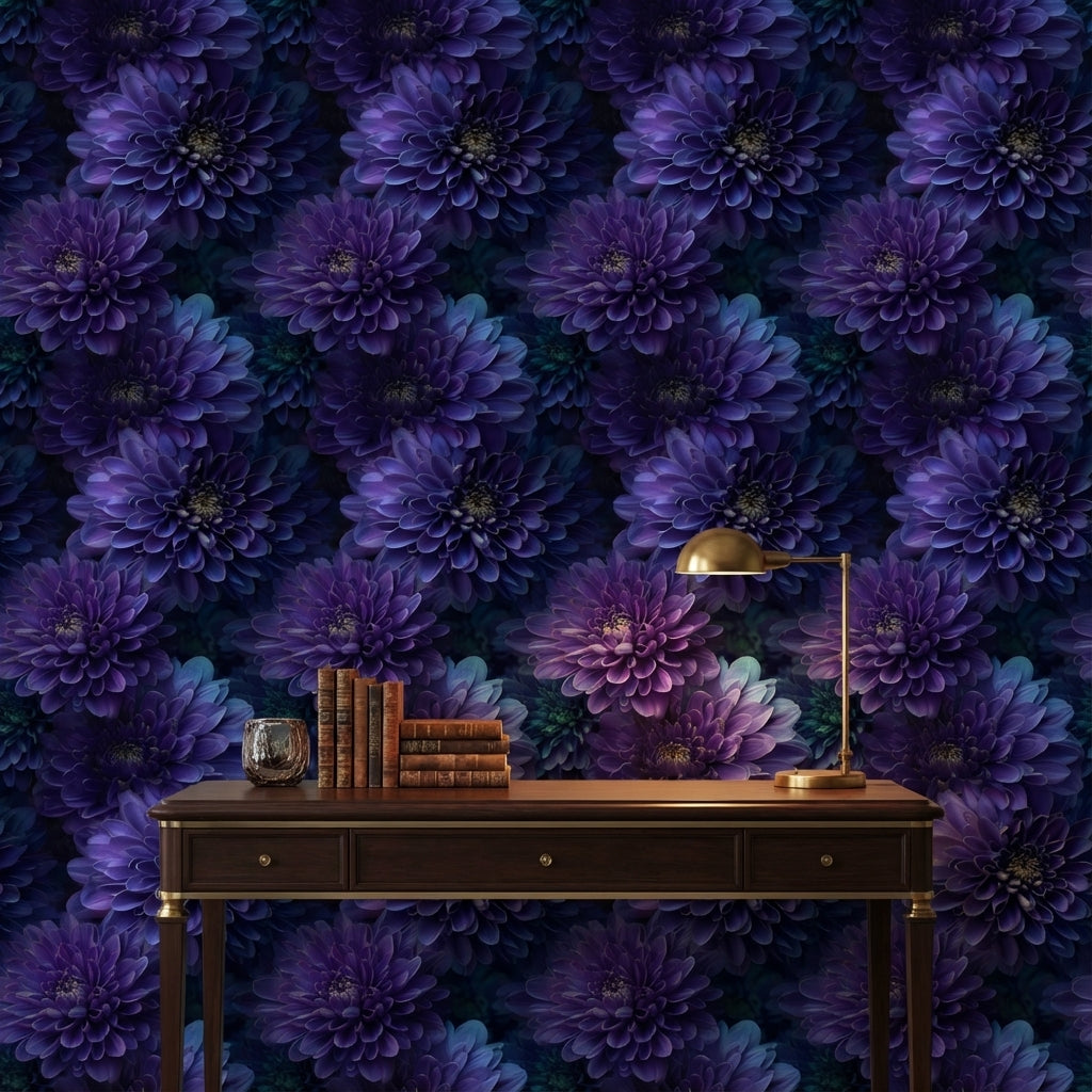 Deep Plum Purple Dahlia Floral Wallpaper