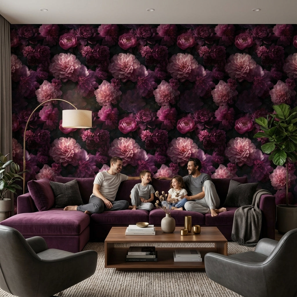 Dark Elegance Pink Peony Floral Wallpaper