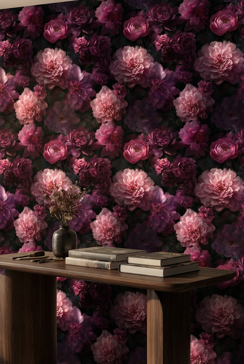 Dark Elegance Pink Peony Floral Wallpaper