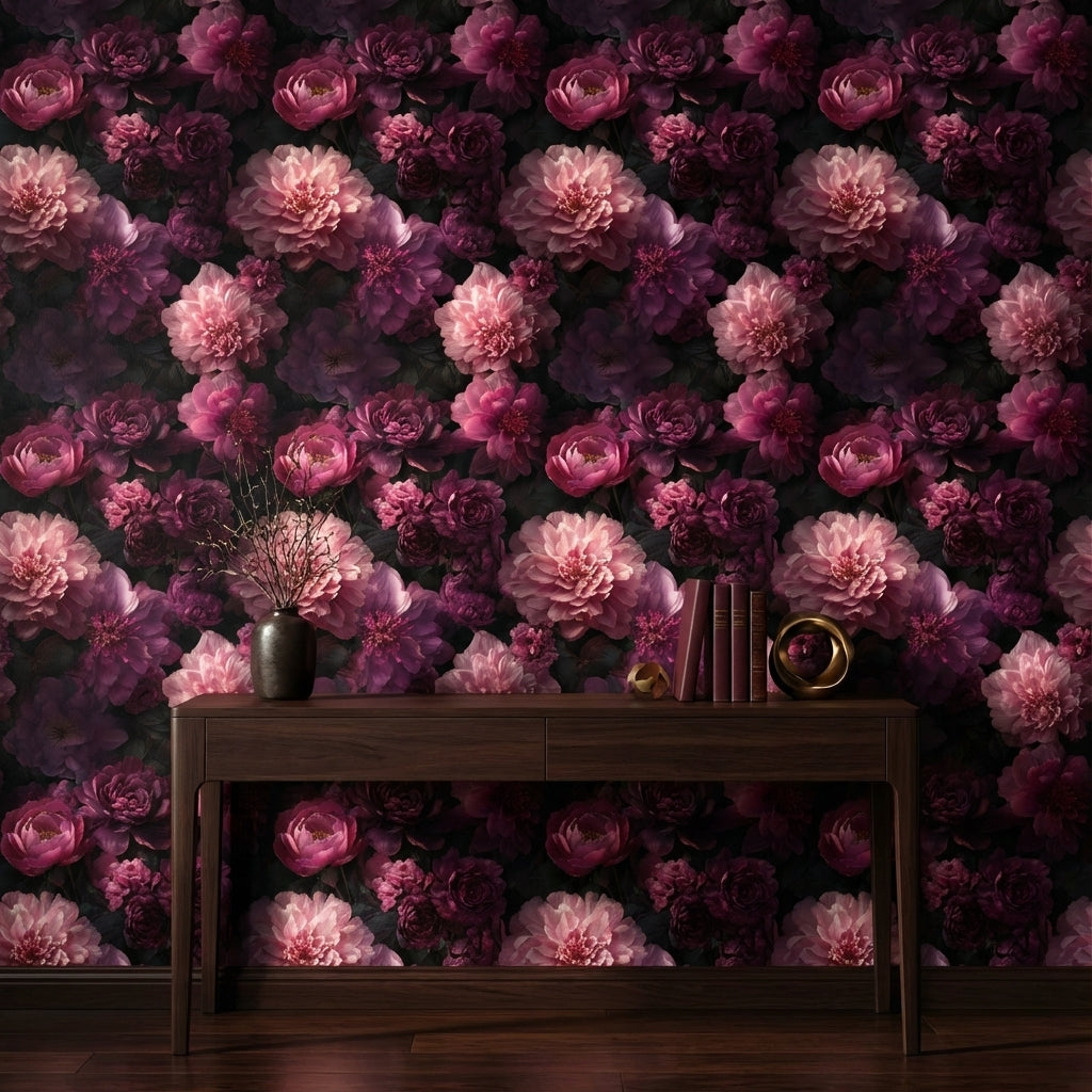 Dark Elegance Pink Peony Floral Wallpaper