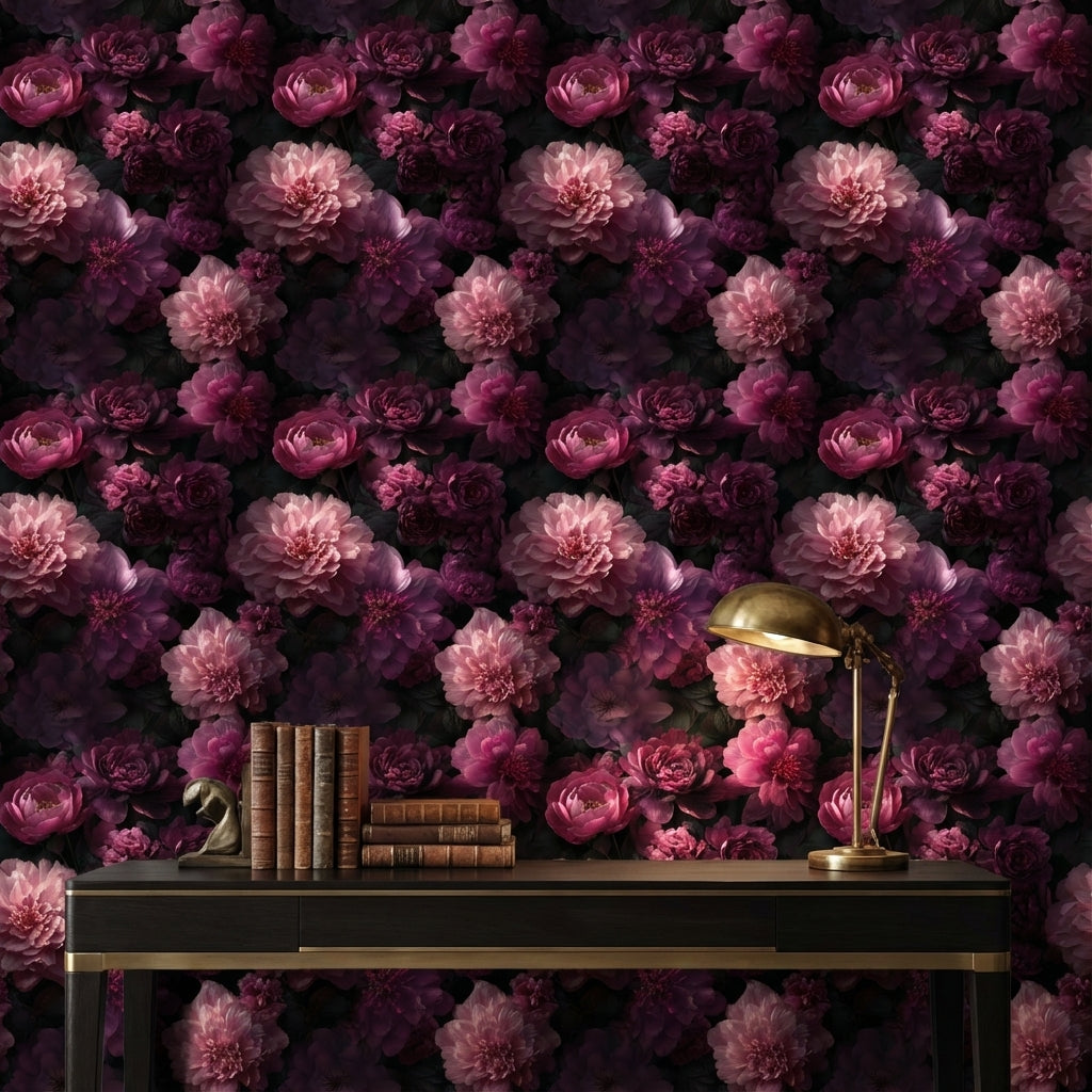 Dark Elegance Pink Peony Floral Wallpaper