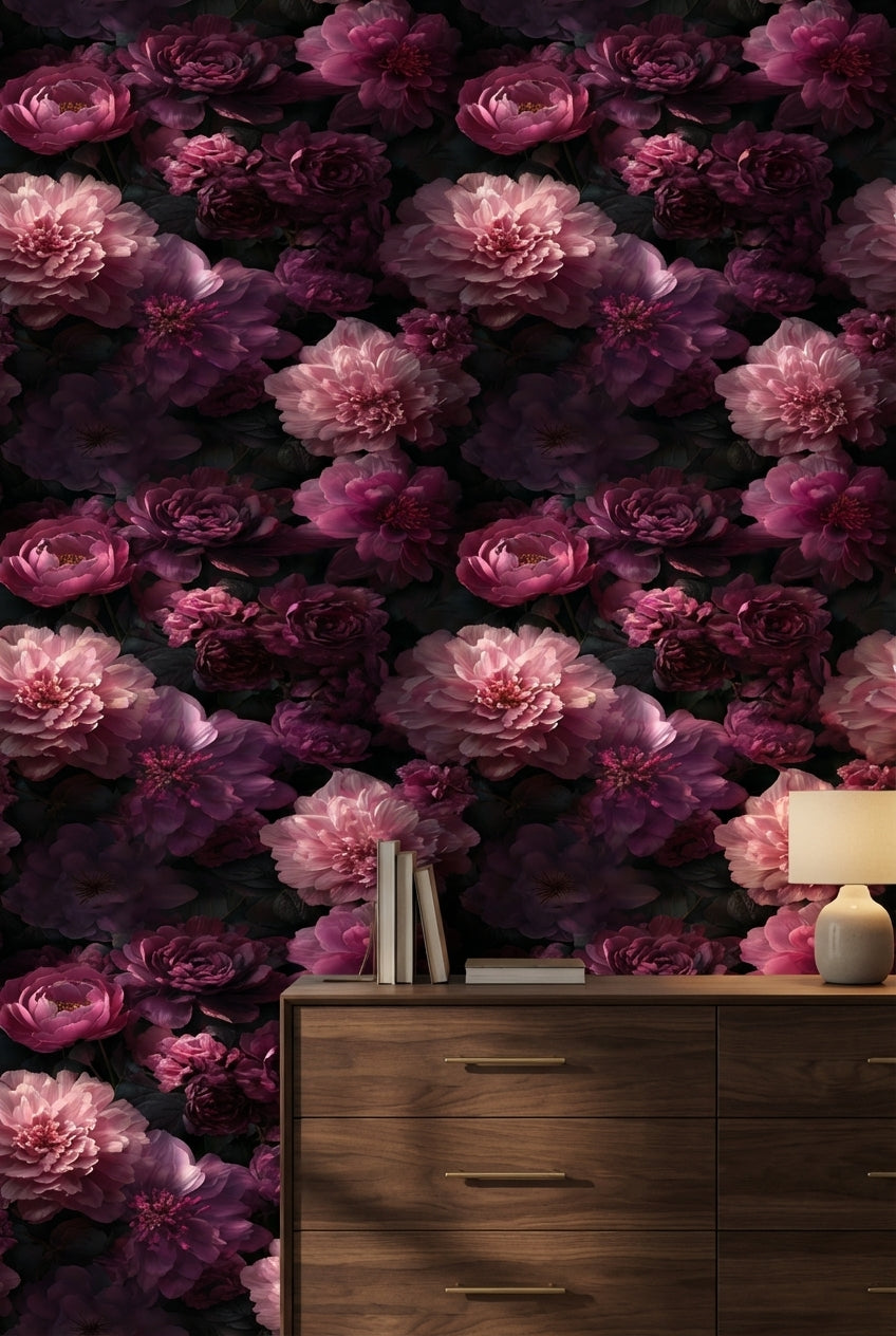 Dark Elegance Pink Peony Floral Wallpaper