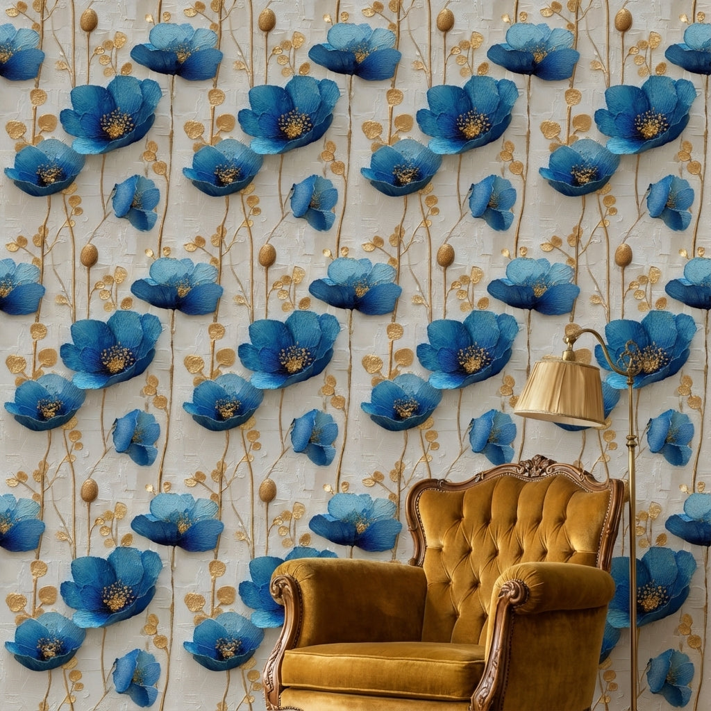 Cream and Sapphire Blue Large Floral Wallpaper