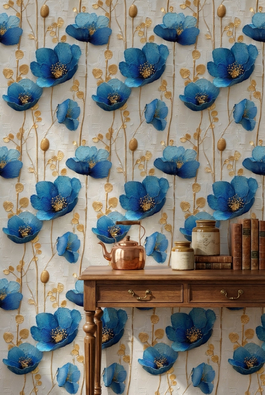 Cream and Sapphire Blue Large Floral Wallpaper