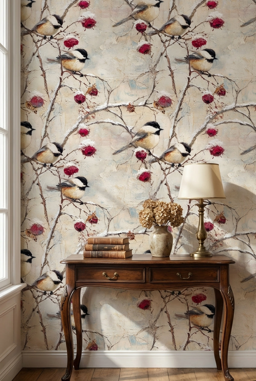 Vintage Cream Bird and Floral Wallpaper