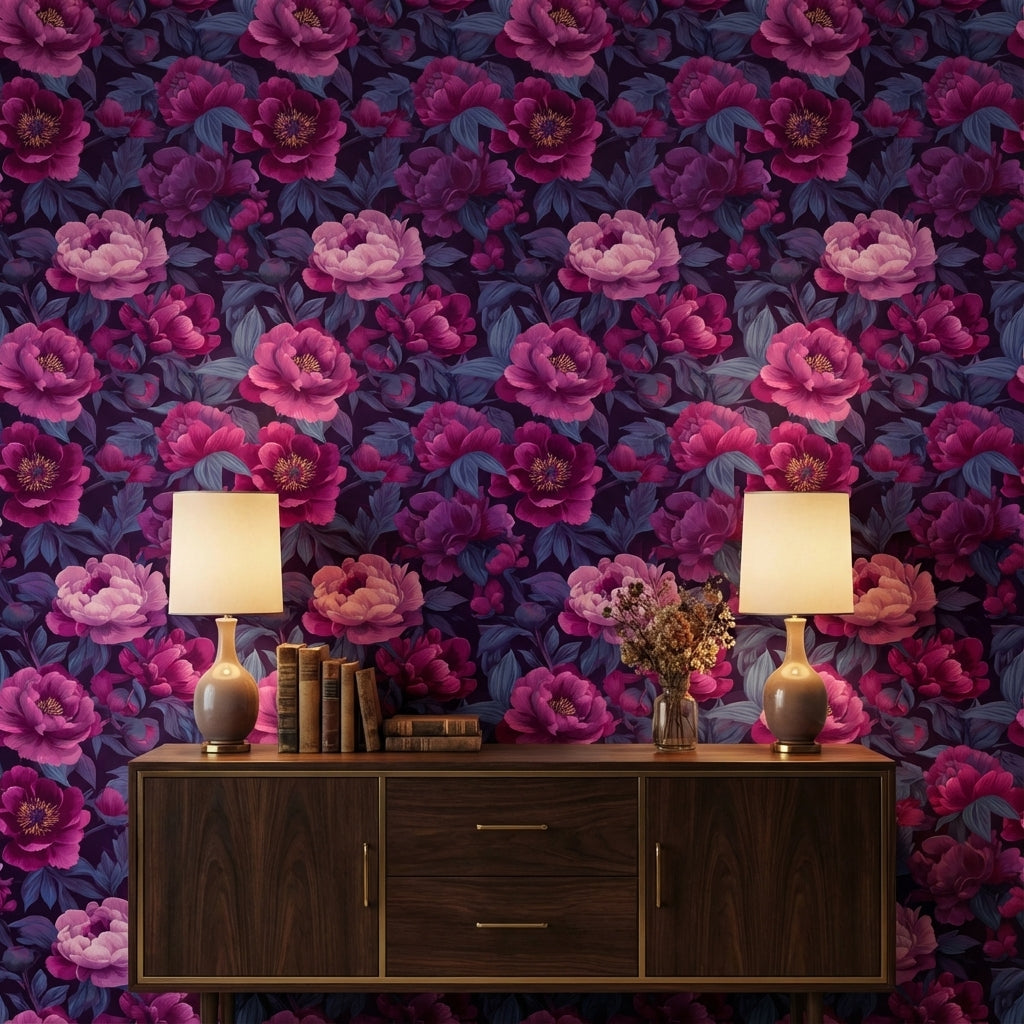 Deep Purple and Pink Peony Floral Wallpaper