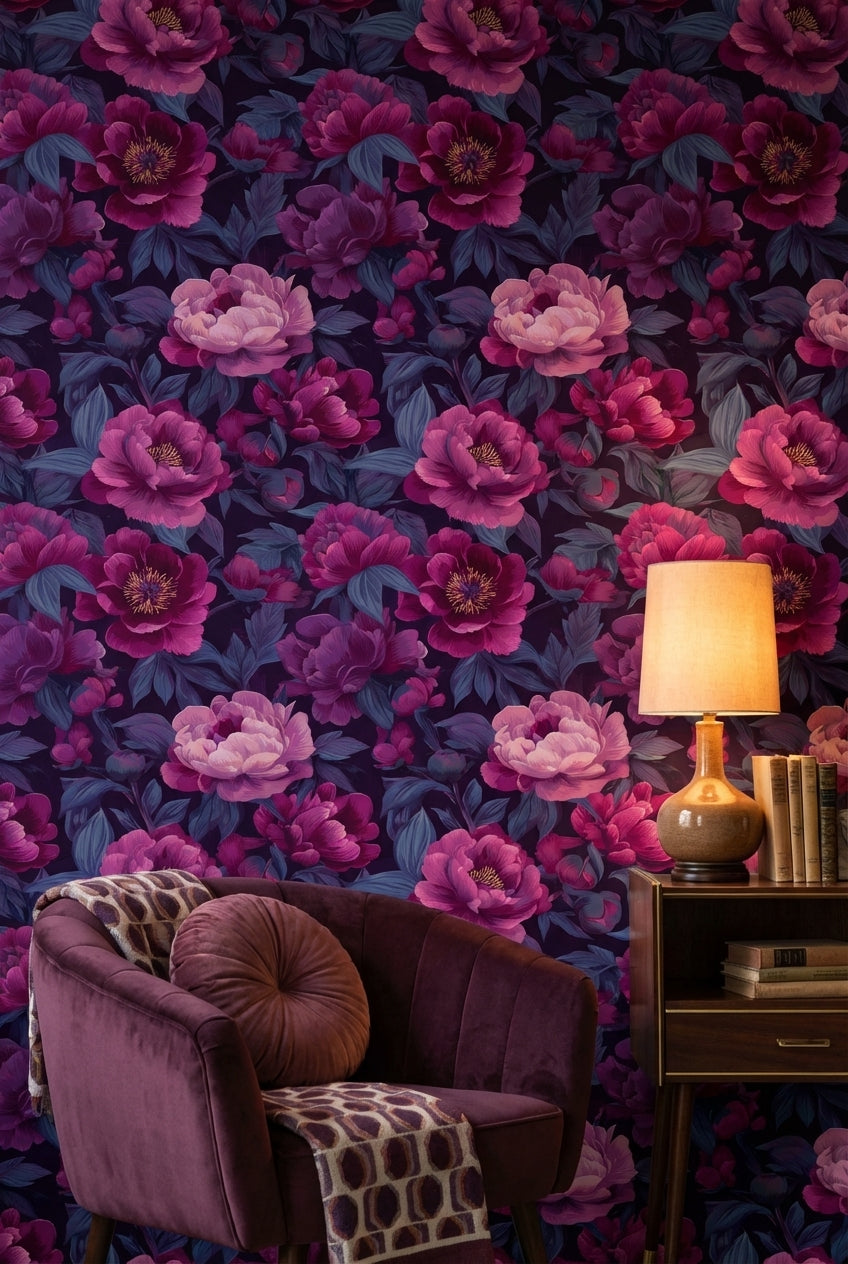 Deep Purple and Pink Peony Floral Wallpaper