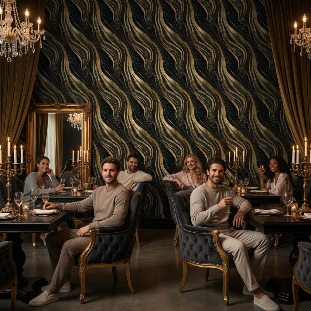 Golden Look Waves on Deep Black Abstract Wallpaper