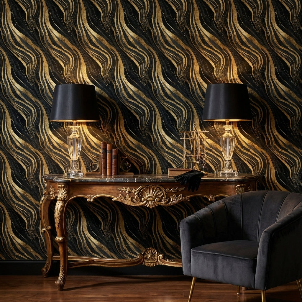 Golden Look Waves on Deep Black Abstract Wallpaper