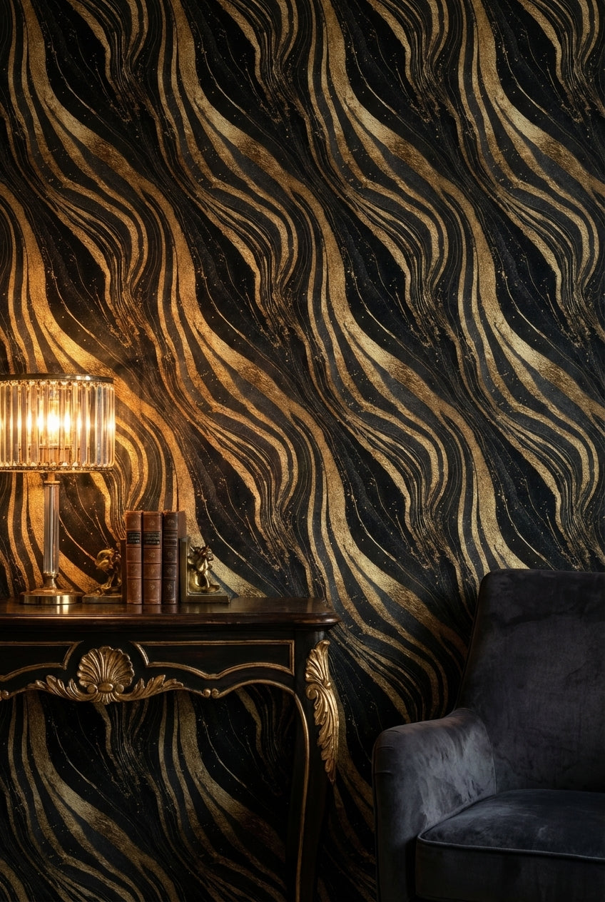Golden Look Waves on Deep Black Abstract Wallpaper