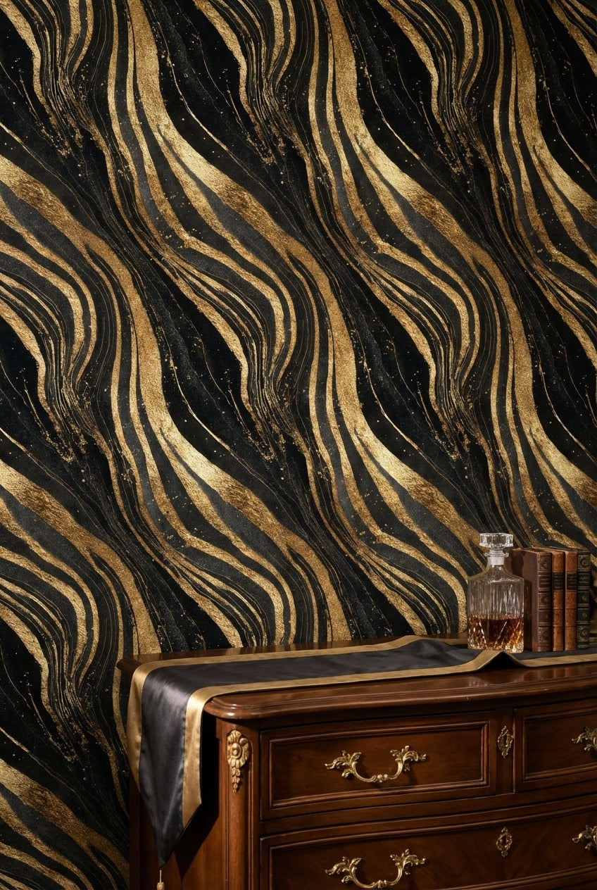 Golden Look Waves on Deep Black Abstract Wallpaper