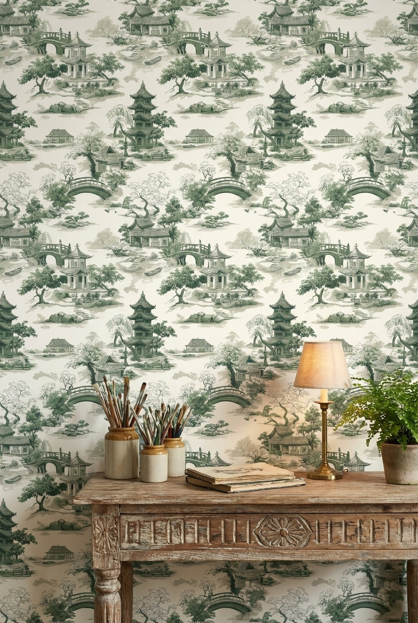 Cream and Green Chinoiserie Architecture Wallpaper