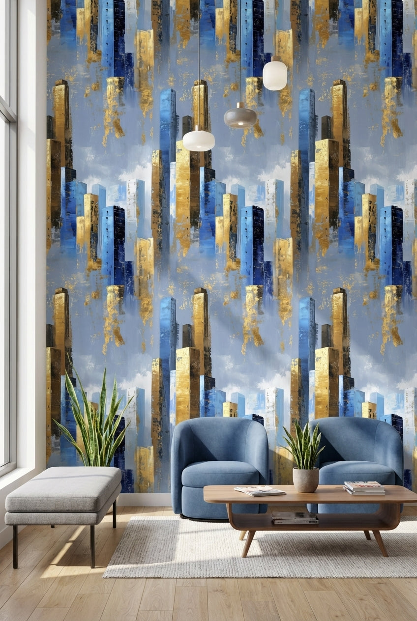 Blue and Gold Look Abstract Geometric Wallpaper