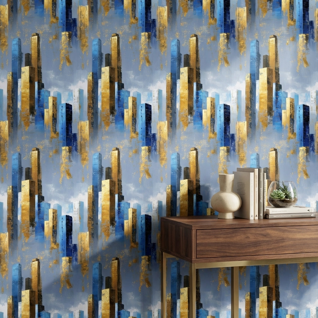 Blue and Gold Look Abstract Geometric Wallpaper