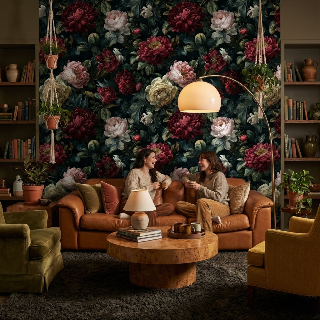 Dark Elegance Red Peony Floral Wallpaper