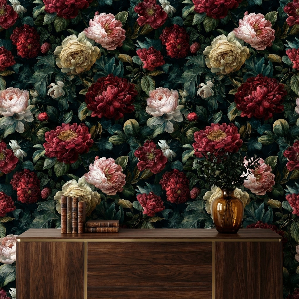 Dark Elegance Red Peony Floral Wallpaper